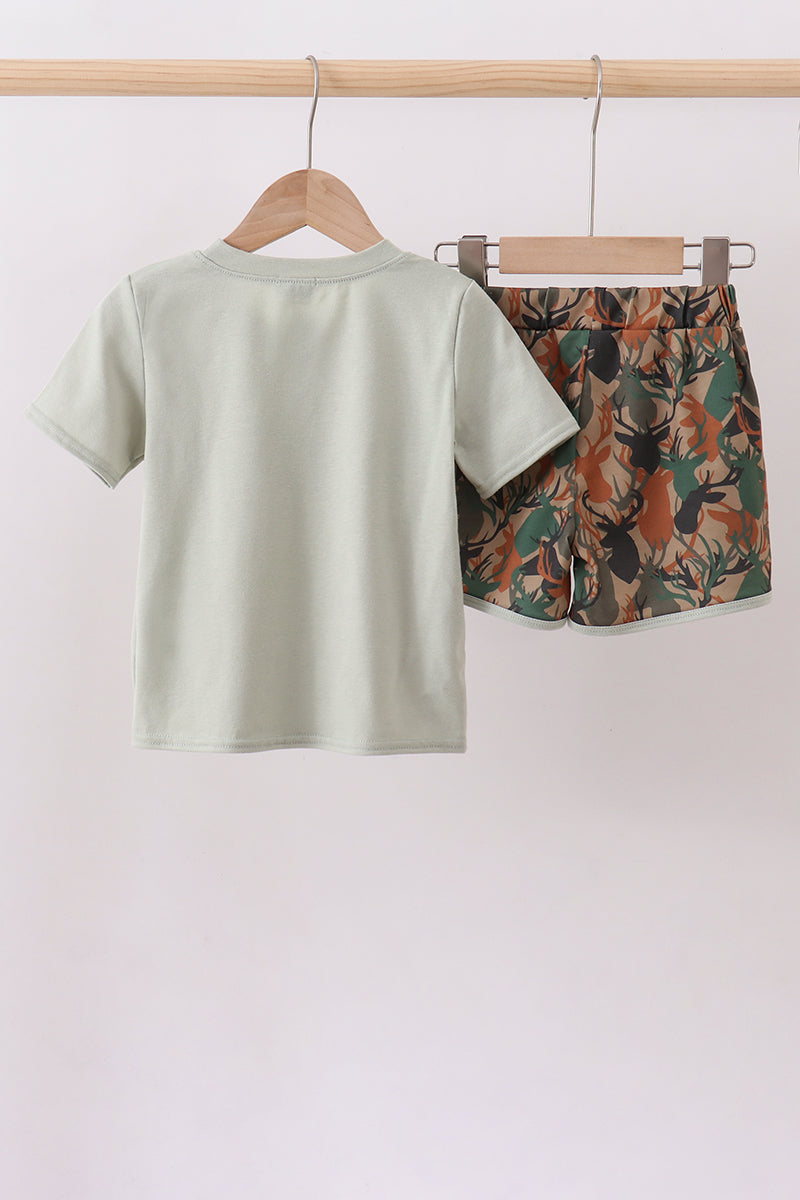 Camouflage deer antler embroidery shorts set