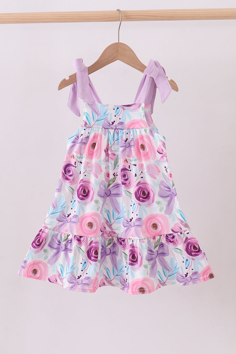 Purple floral print bow dress