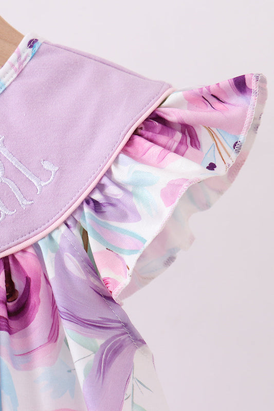 Purple MAMA'S GIRL embroidery floral ruffle dress