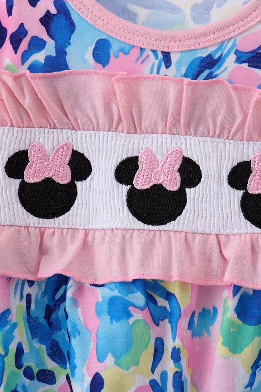 Pink character smocked ruffle romper