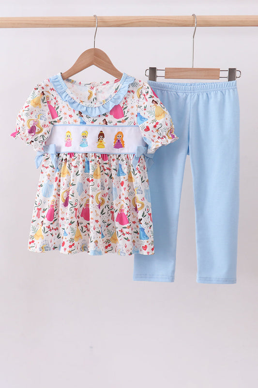 Blue character embroidery bow ruffle pants set