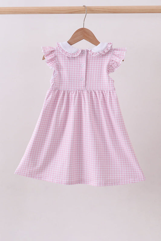 Pink cross embroidery gingham ruffle dress