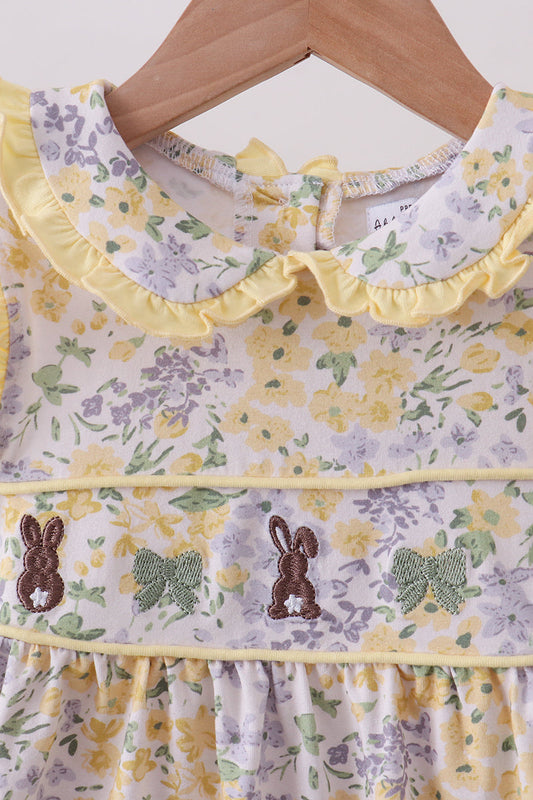 Floral bunny bow embroidery ruffle dress