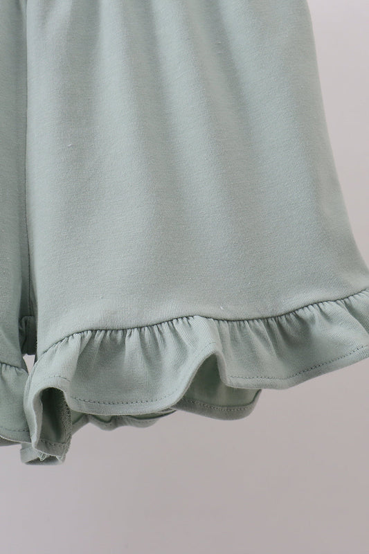 Sage floral cross embroidery ruffle shorts set