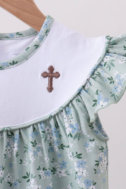 Sage floral cross embroidery ruffle dress