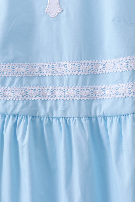Blue cross embroidery ruffle tiered dress