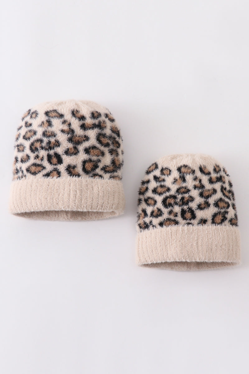 Beige leopard beanie hat toddler adult