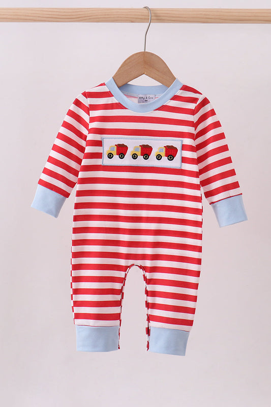 Red stripe construction embroidery romper