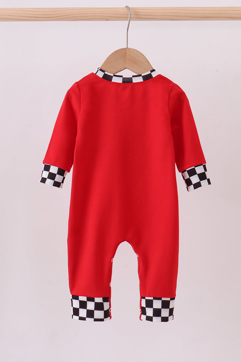 Red character applique checkered romper