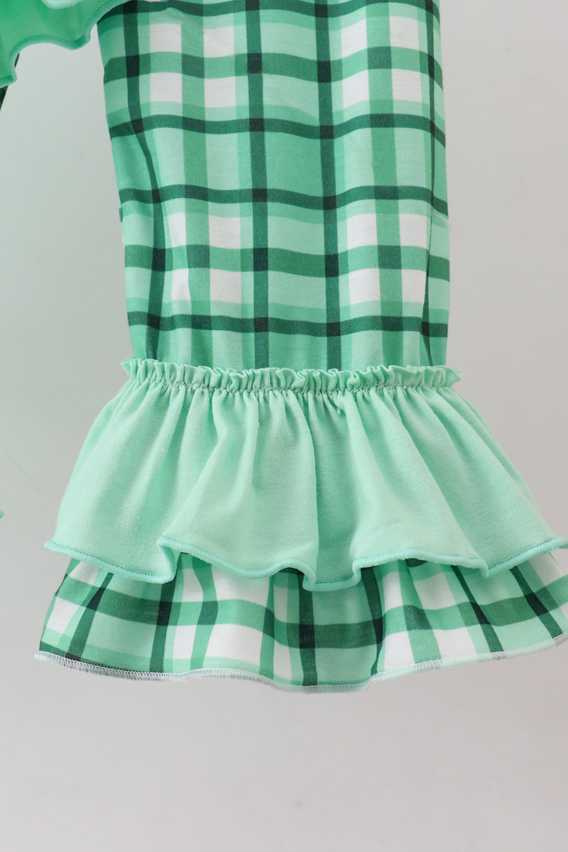 Green parade embroidery ruffle gingham pants set