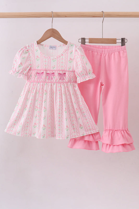 Pink floral bow smocked ruffle pants set