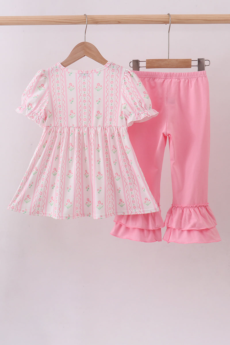Pink floral bow smocked ruffle pants set