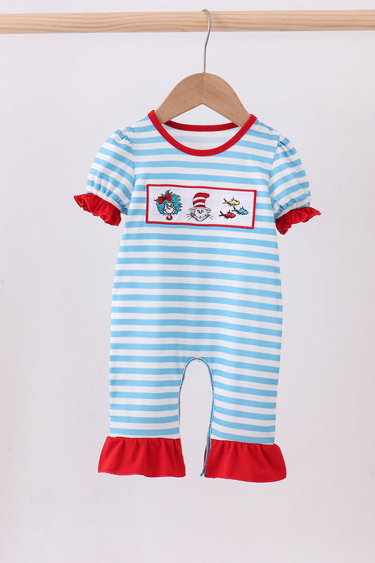 Blue character embroidery stripe ruffle romper