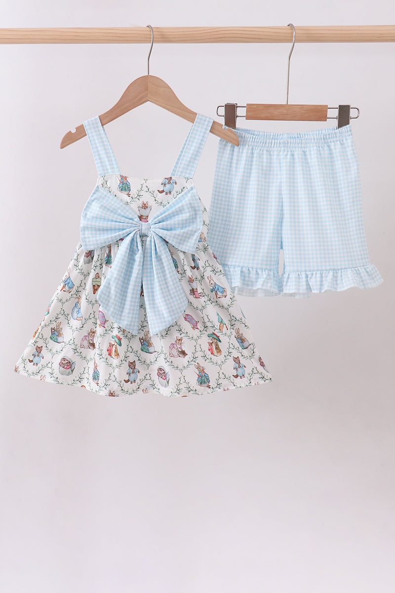 Blue bunny bow ruffle shorts set