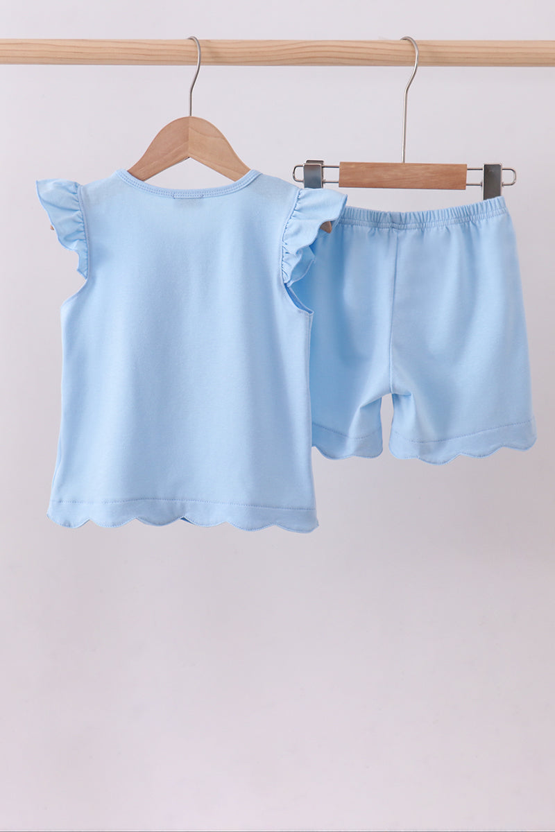 Blue bunny applique ruffle shorts set