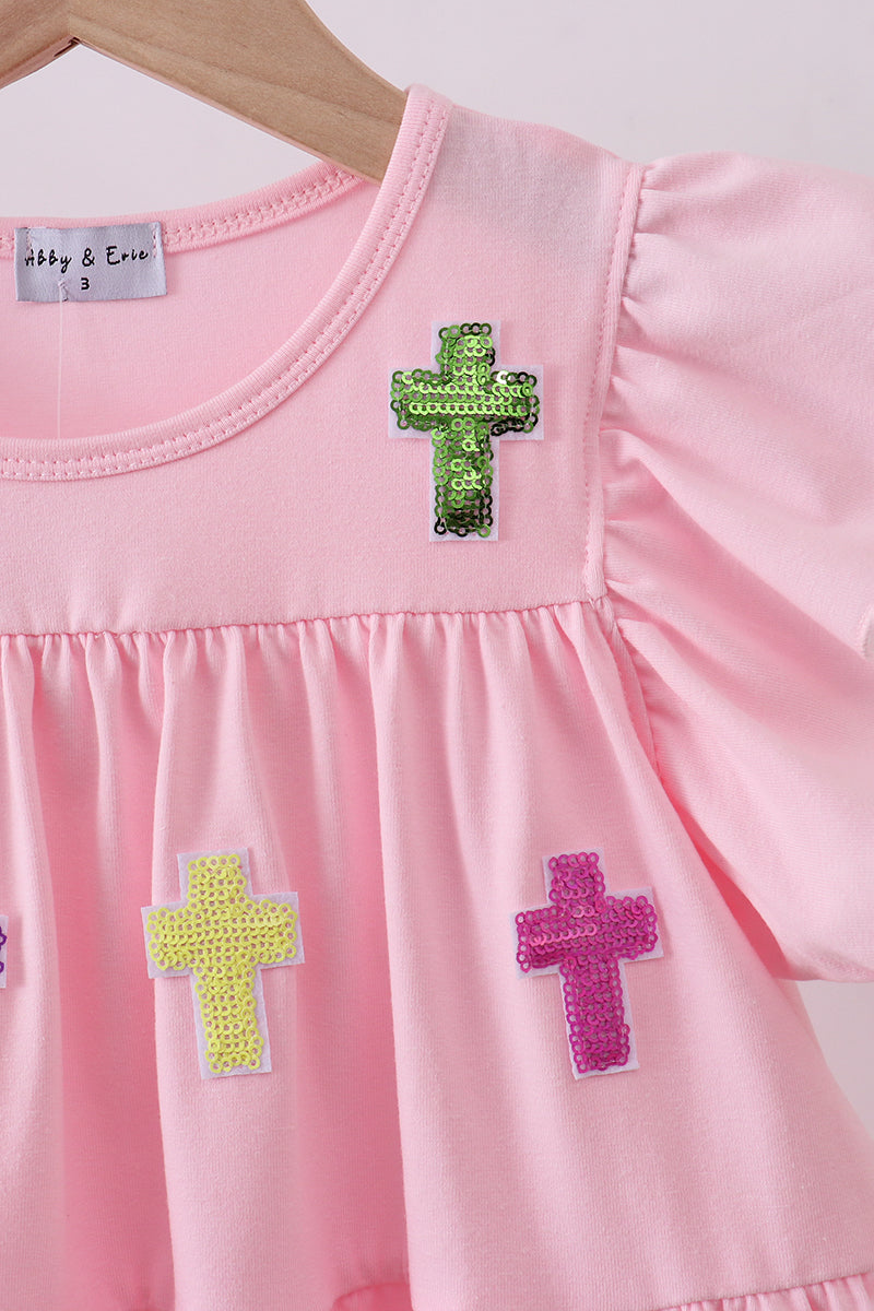 Pink cross sequin tiered dress