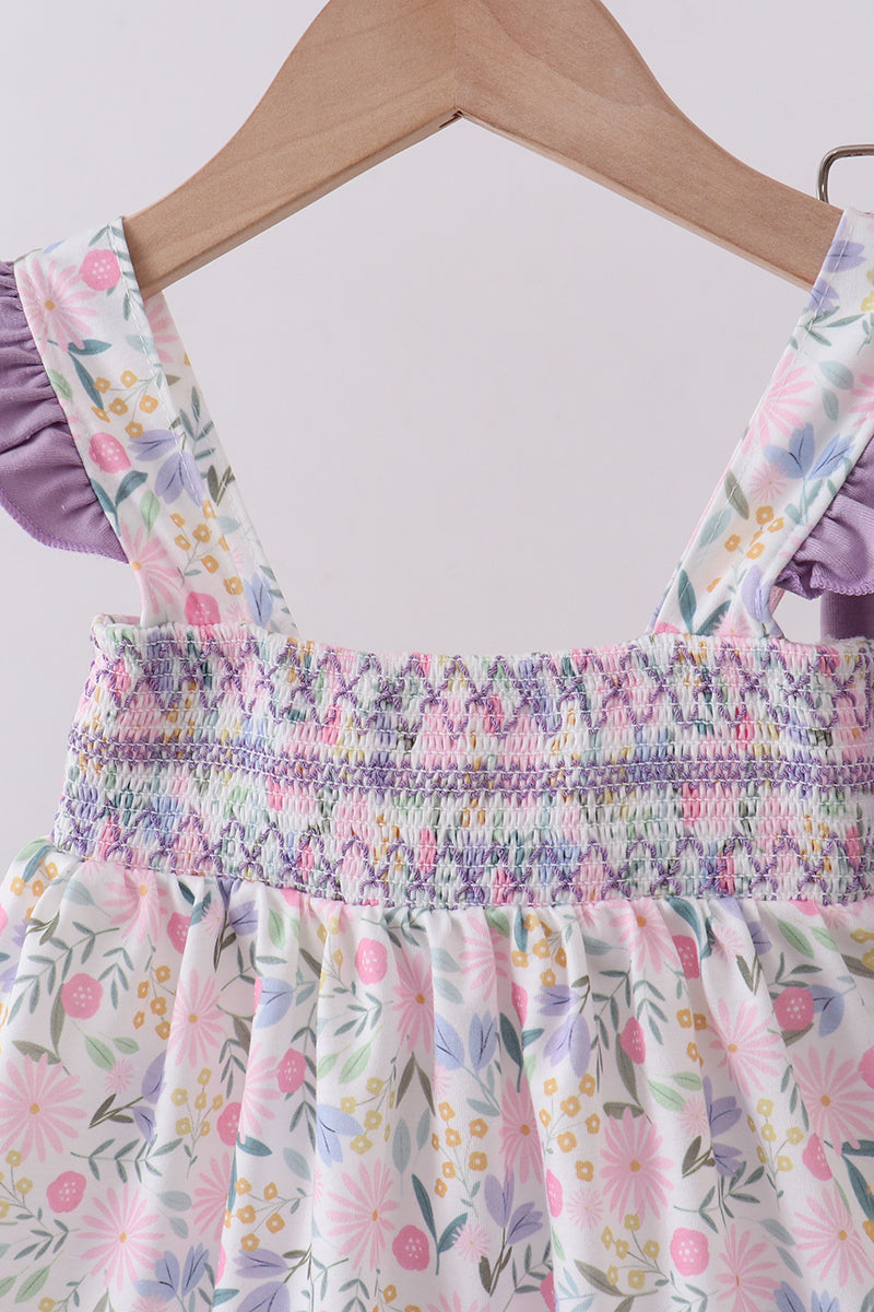 Purple floral smocked ruffle bloomer set