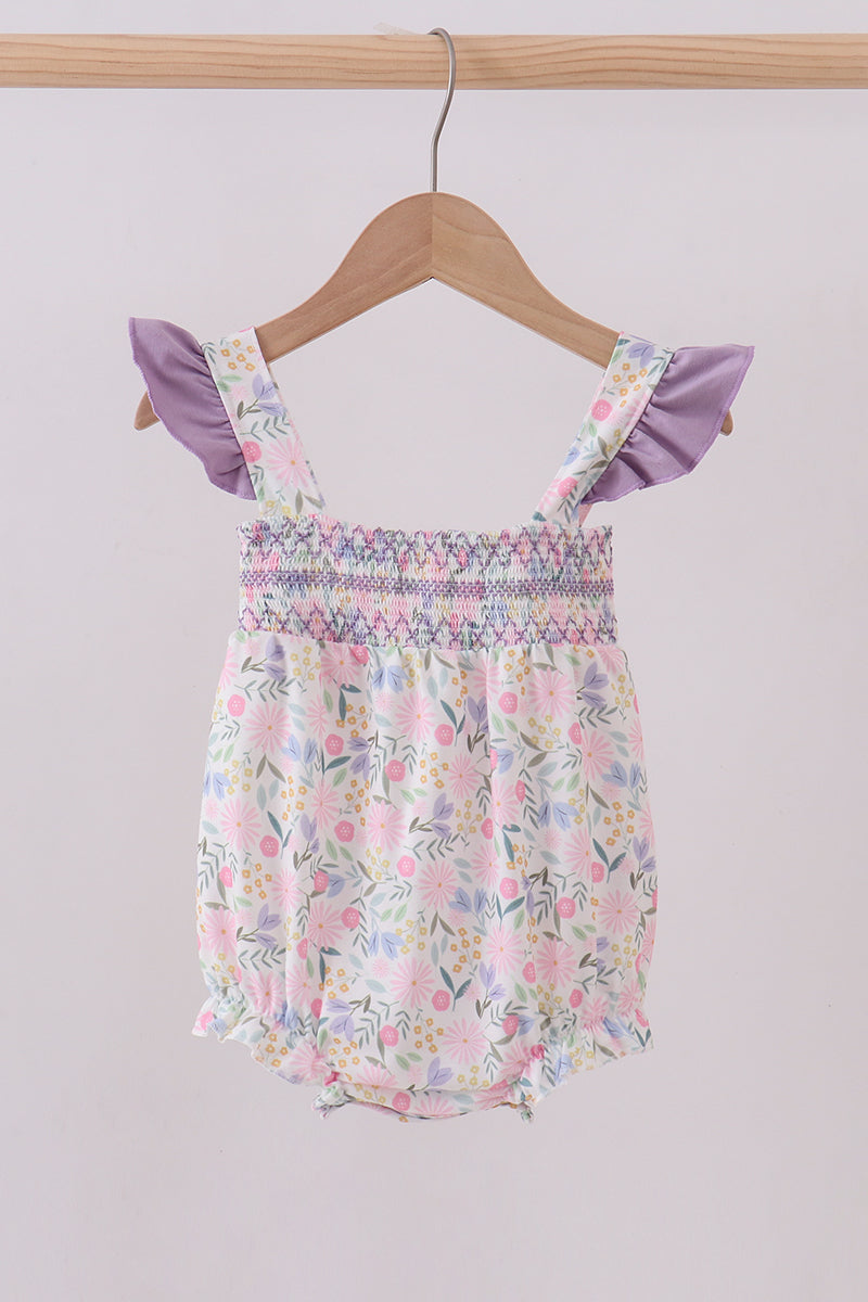 Purple floral smocked ruffle bubble