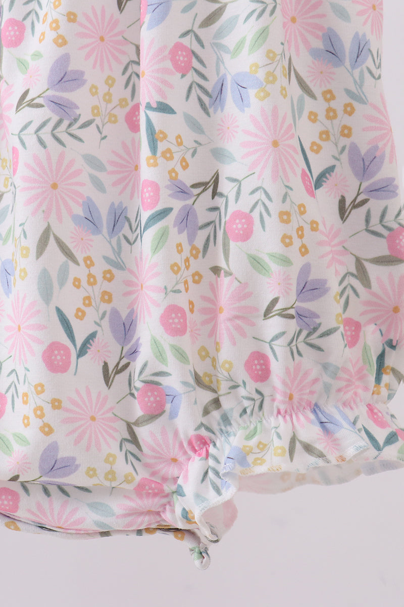 Purple floral smocked ruffle bubble