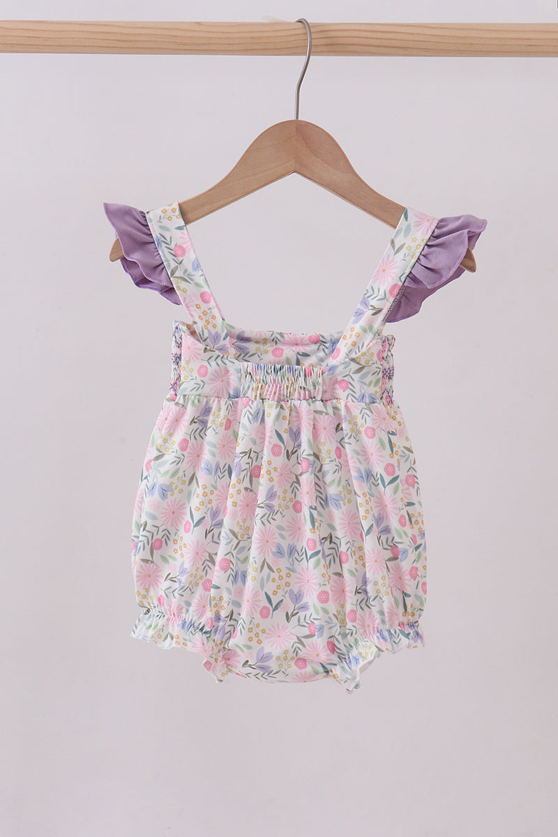 Purple floral smocked ruffle bubble