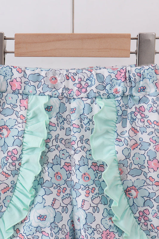 Mint floral character applique ruffle shorts set
