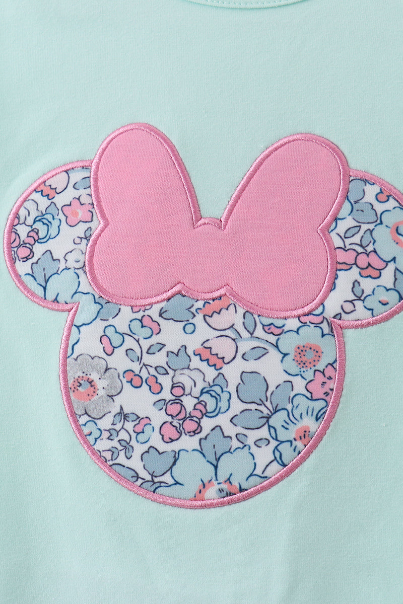 Mint floral character applique ruffle shorts set