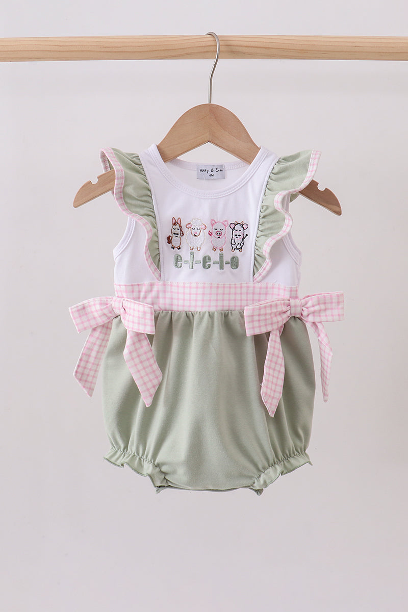 Green farm animal embroidery ruffle bubble