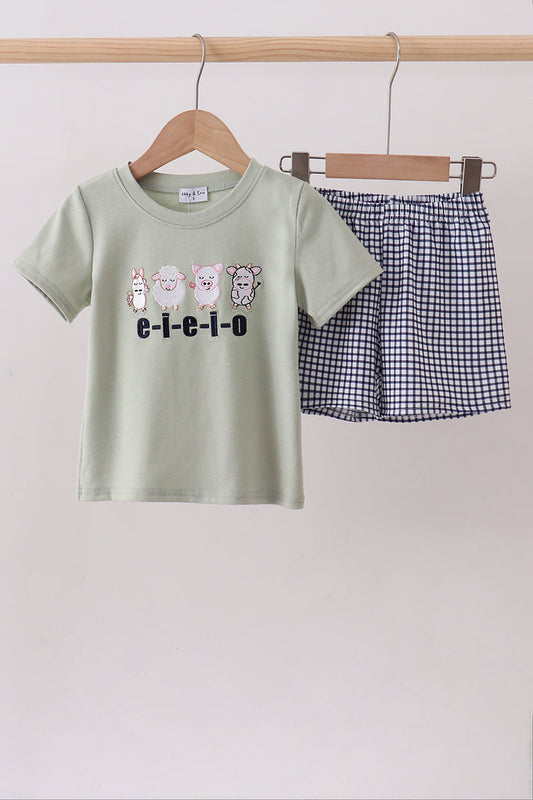 Green farm animal embroidery shorts set