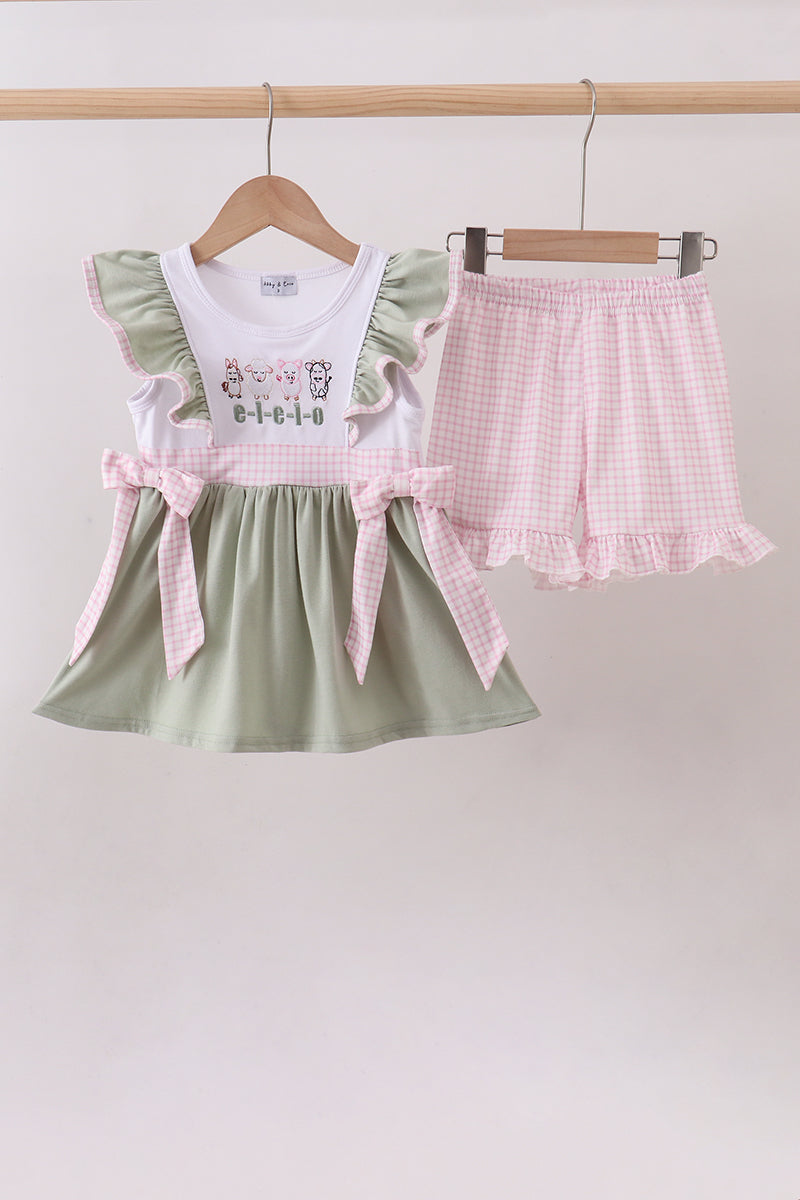 Pink farm animal embroidery ruffle shorts set