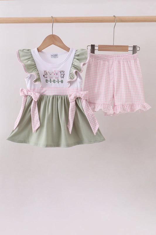 Pink farm animal embroidery ruffle shorts set