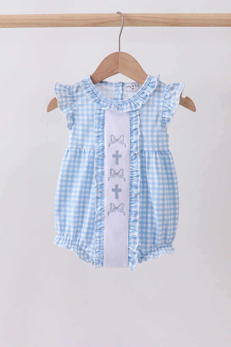 Blue cross bow embroidery ruffle gingham bubble