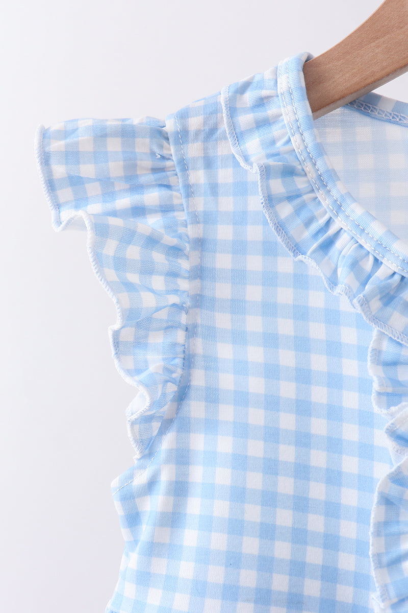 Blue cross bow embroidery ruffle gingham shorts set