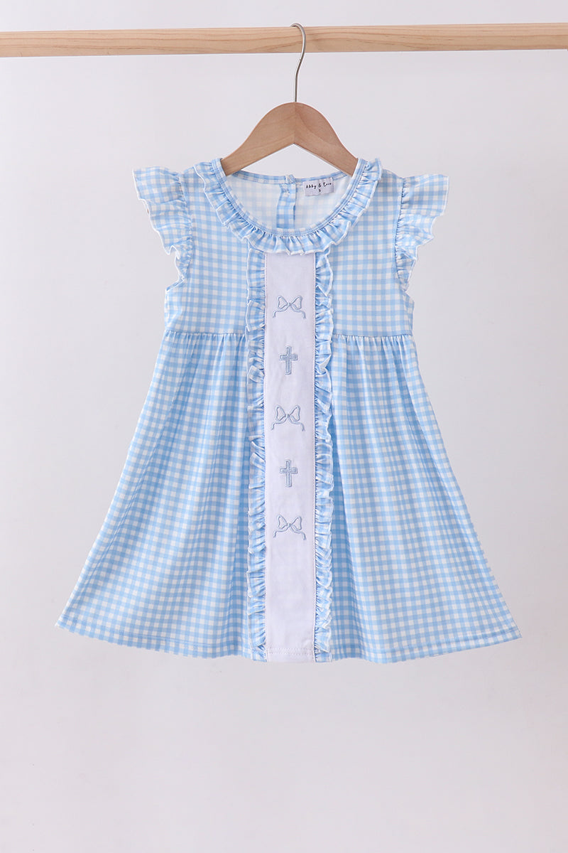 Blue cross bow embroidery ruffle gingham dress
