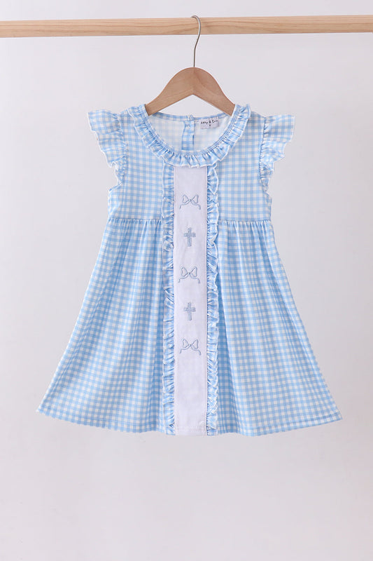 Blue cross bow embroidery ruffle gingham dress