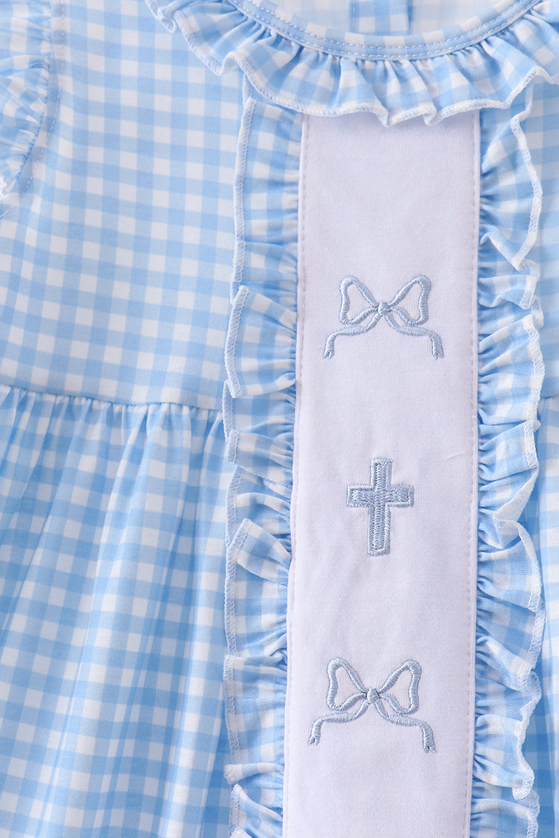 Blue cross bow embroidery ruffle gingham dress