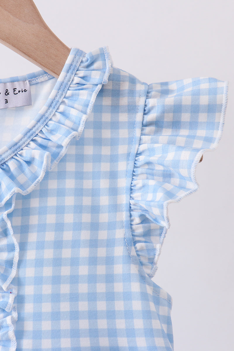 Blue cross bow embroidery ruffle gingham dress