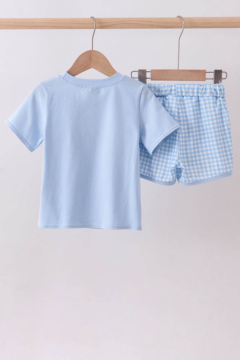 Blue cross embroidery gingham shorts set
