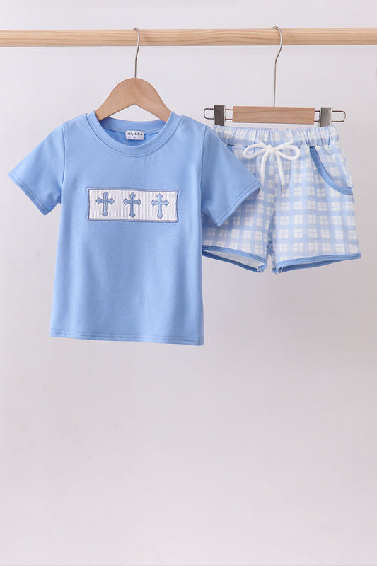 Blue cross smocked plaid shorts set