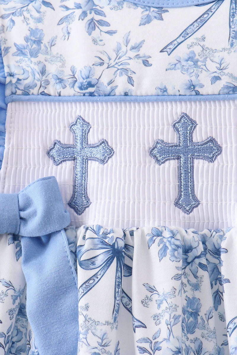 Blue floral cross smocked ruffle shorts set