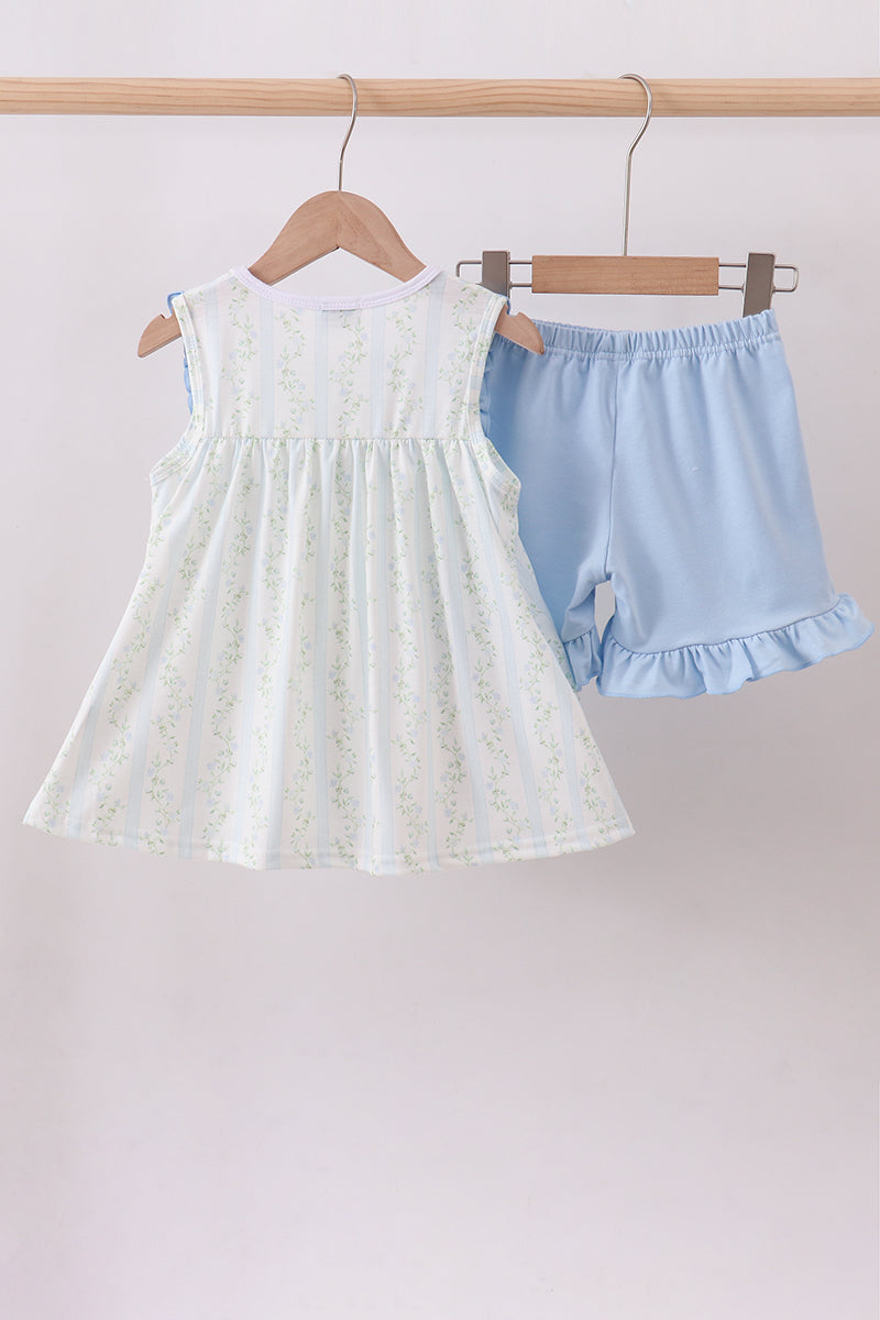 Floral bunny embroidery ruffle shorts set