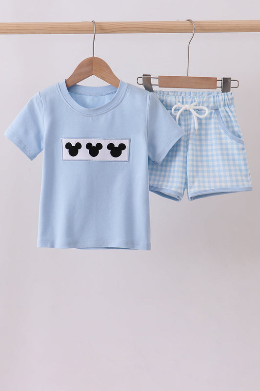Blue character embroidery gingham shorts set