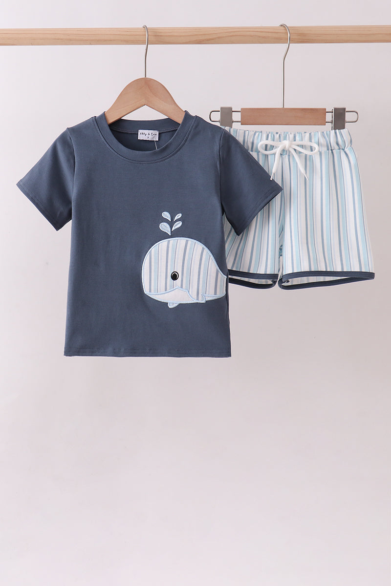 Blue whale applique shorts set