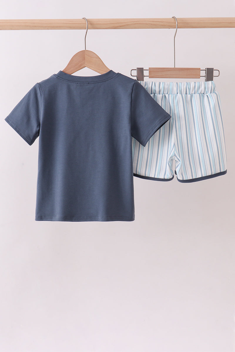 Blue whale applique shorts set