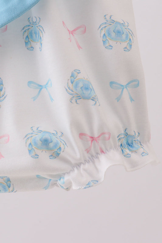 Blue crab print bow ruffle bubble