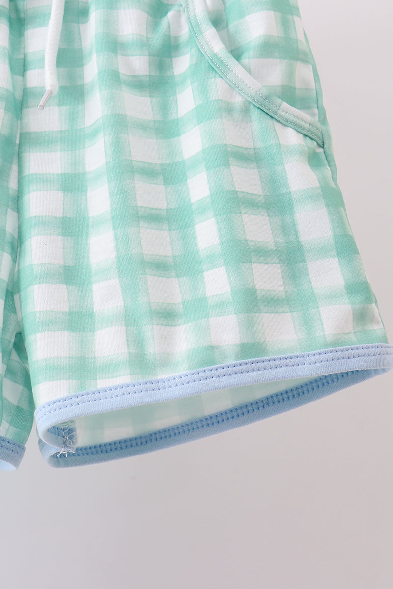 Blue engineering vehicle applique shorts set