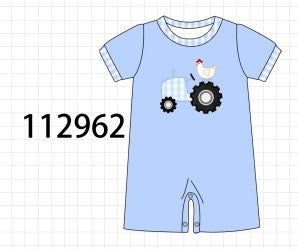 Blue tractor applique romper