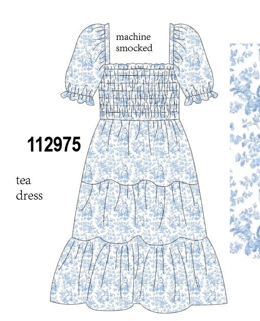 Navy smocked floral puff sleeve dress