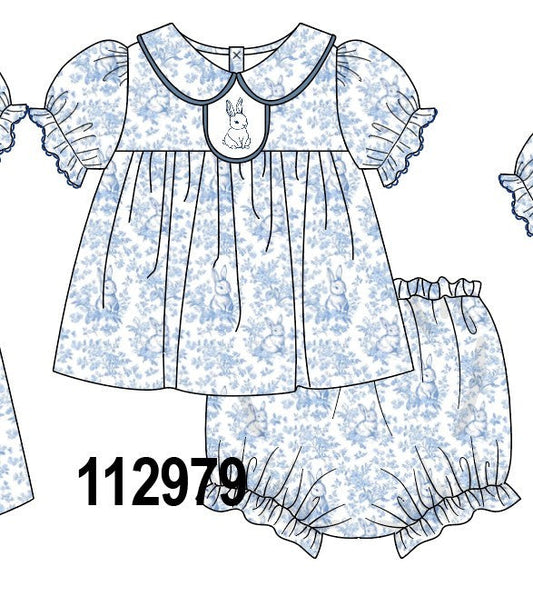 Navy bunny embroidery floral peter pan collar bloomer set