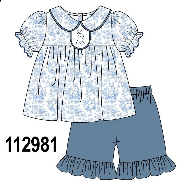 Navy bunny embroidery floral peter pan collar shorts set