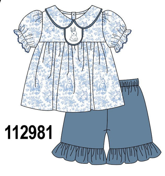 Navy bunny embroidery floral peter pan collar shorts set